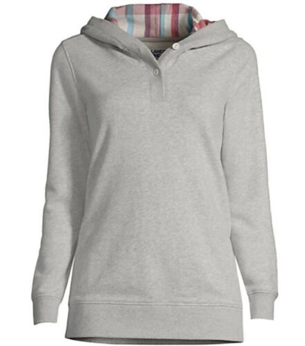 Lands End Serious Sweats Heather Gray Hoodie Size M 10-12 Plaid Hood